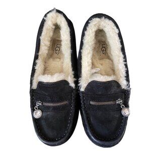 Ugg Womens Ansley Black Suede Moccasins W/ Swarovski Crystal Charms Rubber Sole